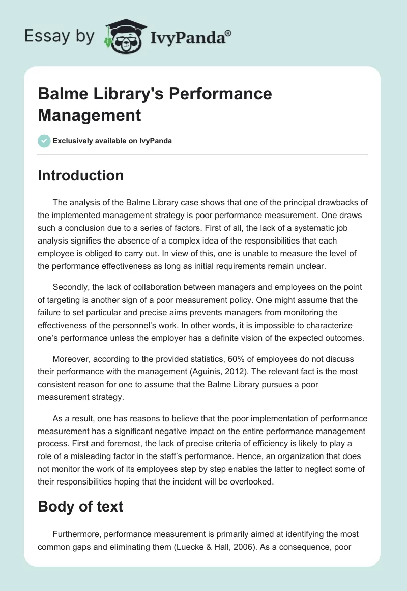 Balme Library's Performance Management. Page 1