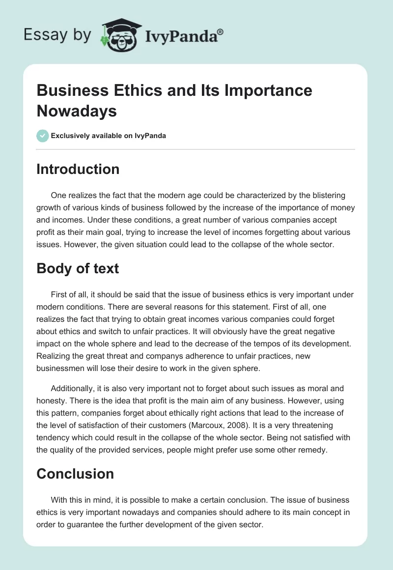 Business Ethics and Its Importance Nowadays. Page 1