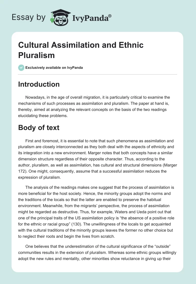 Cultural Assimilation and Ethnic Pluralism. Page 1