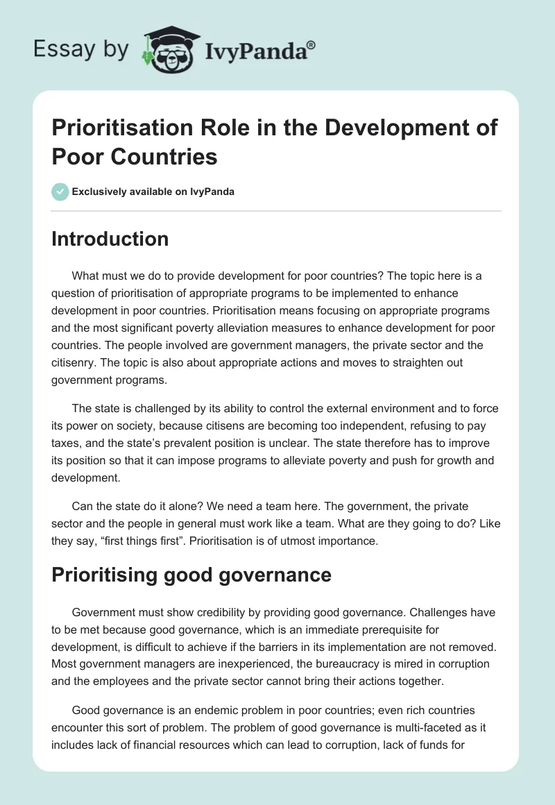 Prioritisation Role in the Development of Poor Countries. Page 1
