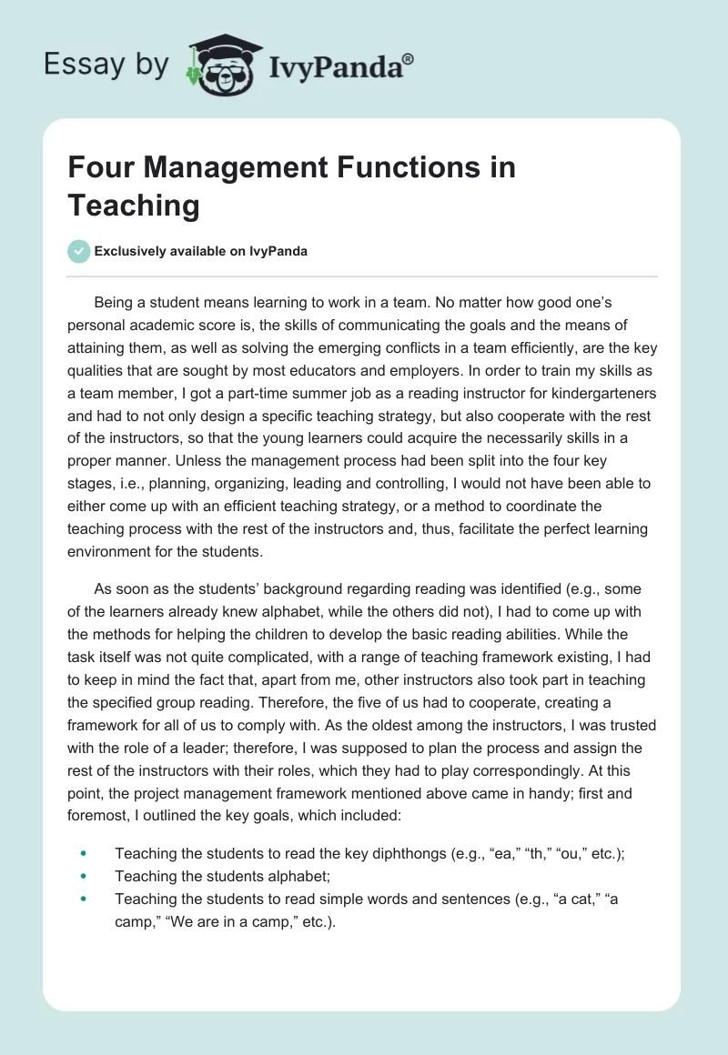 Four Management Functions in Teaching. Page 1