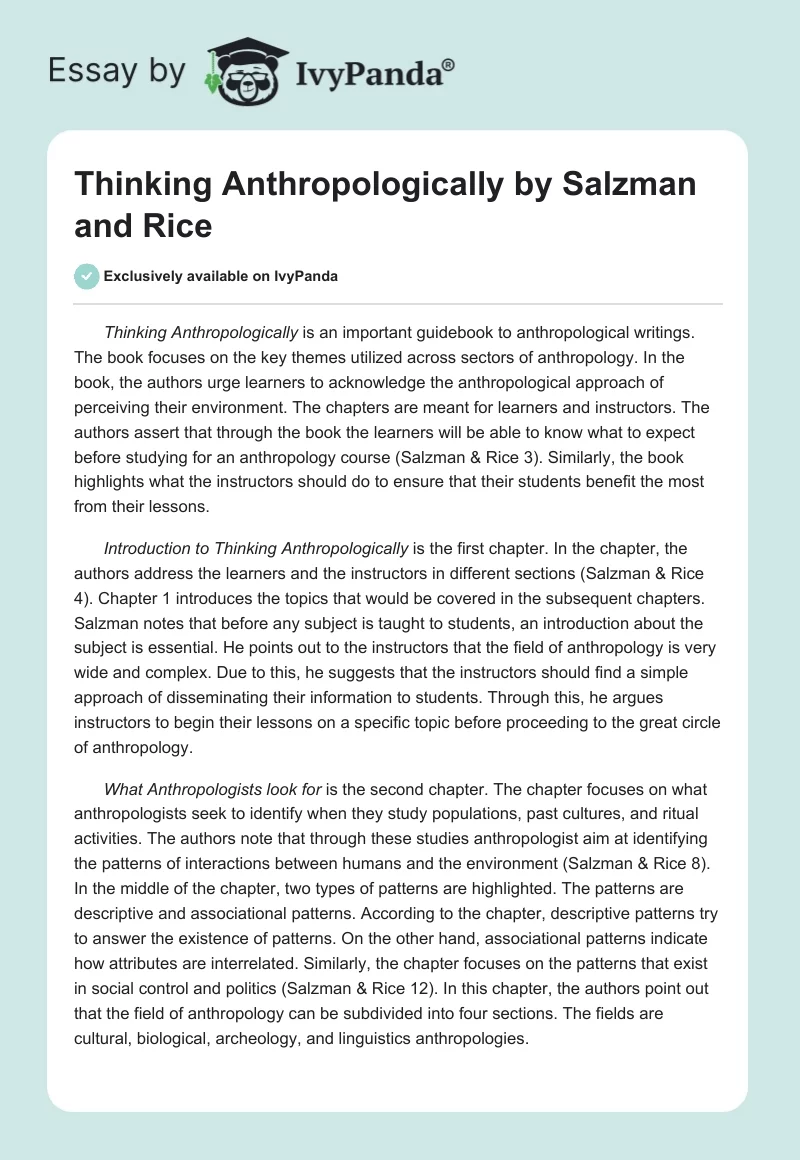 Thinking Anthropologically by Salzman and Rice. Page 1