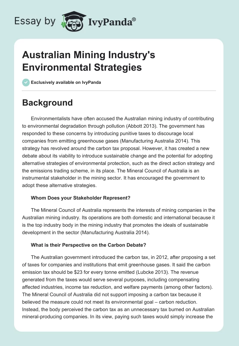 Australian Mining Industry's Environmental Strategies. Page 1