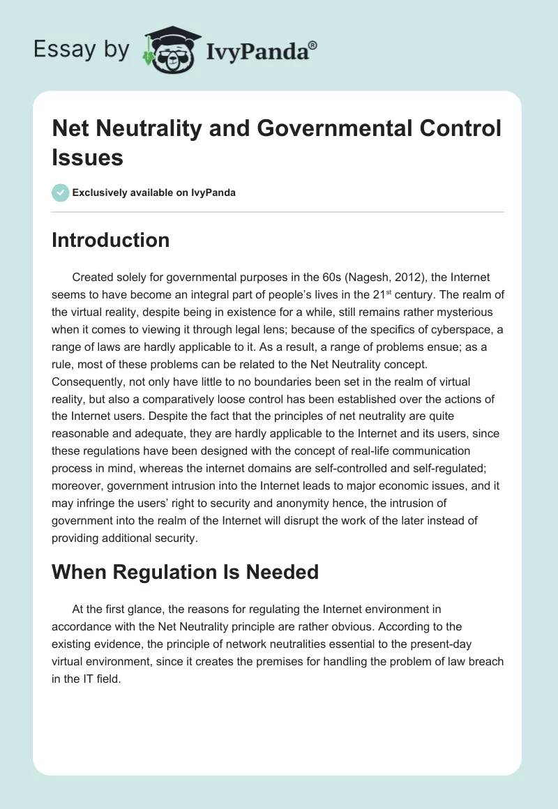 Net Neutrality and Governmental Control Issues. Page 1