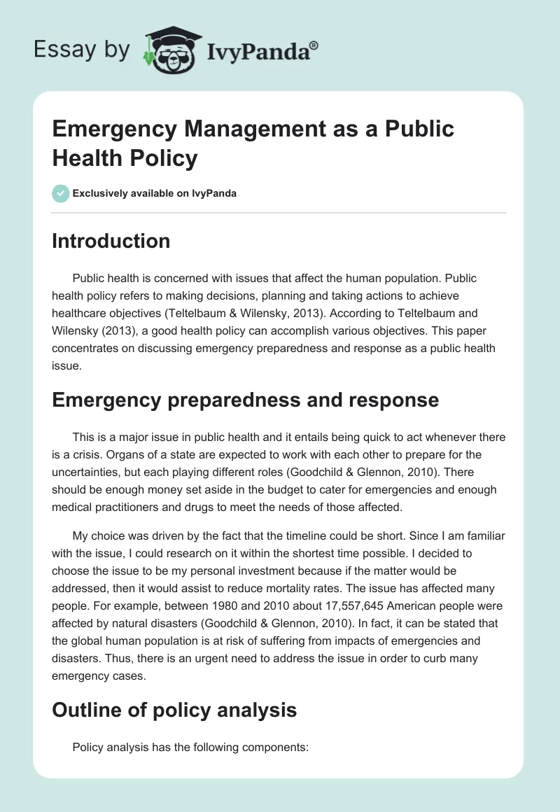 Emergency Management as a Public Health Policy. Page 1