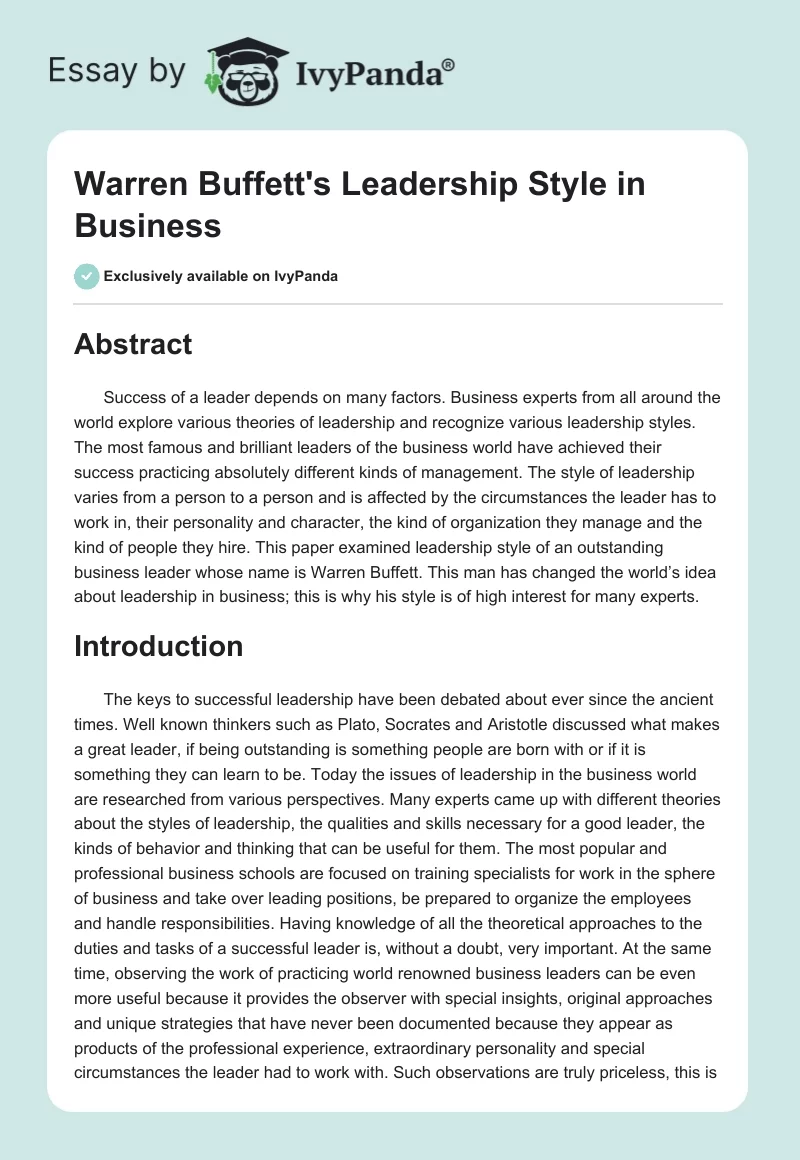 Warren Buffett's Leadership Style in Business. Page 1
