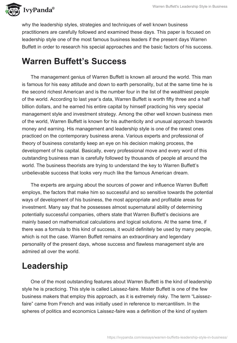 Warren Buffett's Leadership Style in Business. Page 2