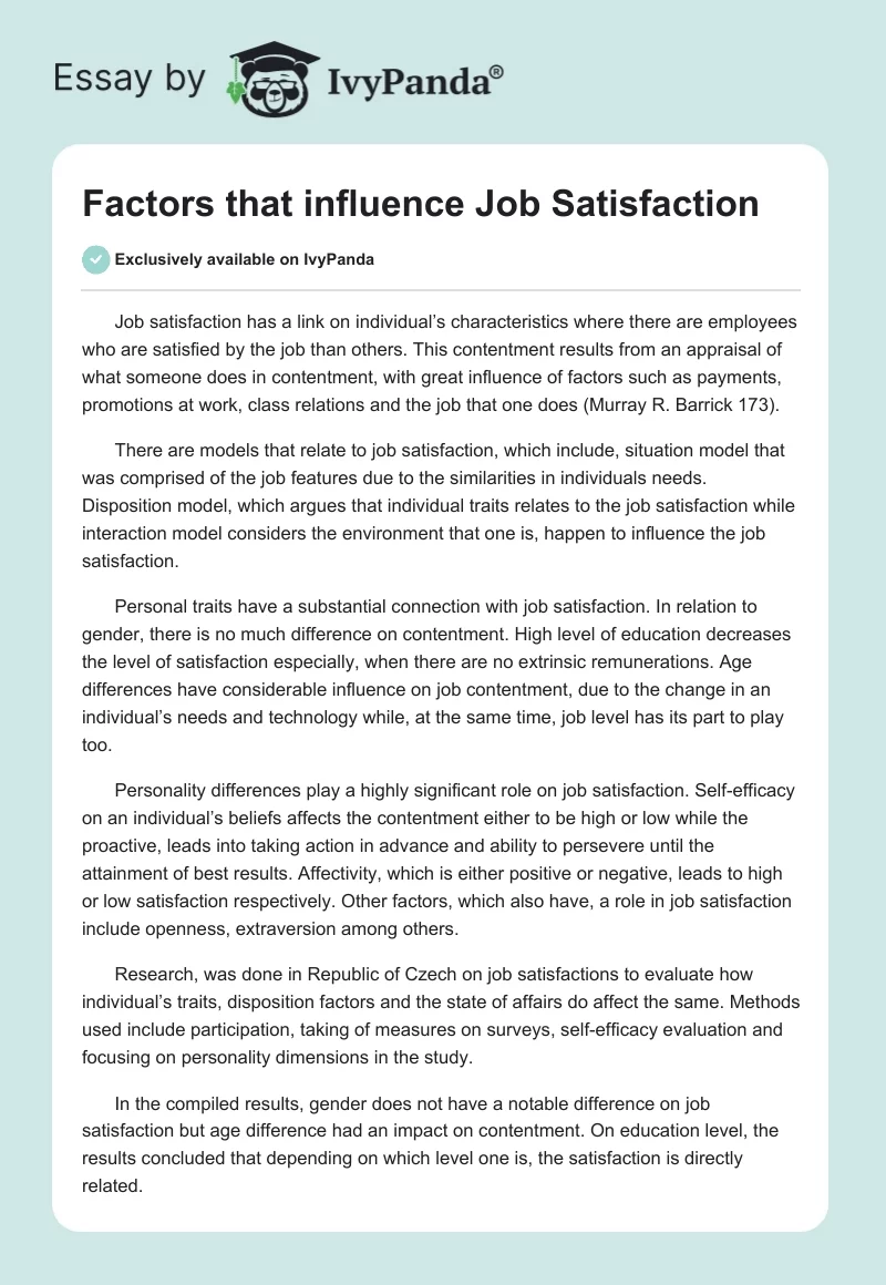 Factors that influence Job Satisfaction. Page 1