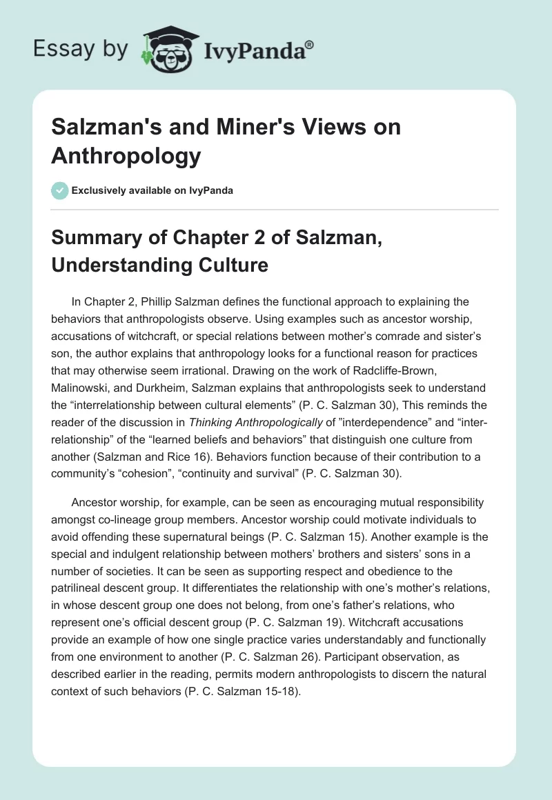 Salzman's and Miner's Views on Anthropology. Page 1