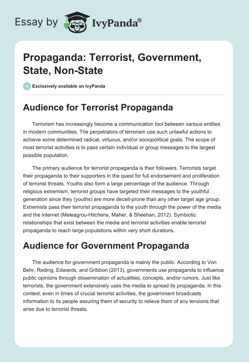 Propaganda: Terrorist, Government, State, Non-State. Page 1