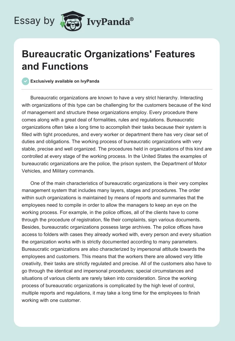 Bureaucratic Organizations' Features and Functions. Page 1