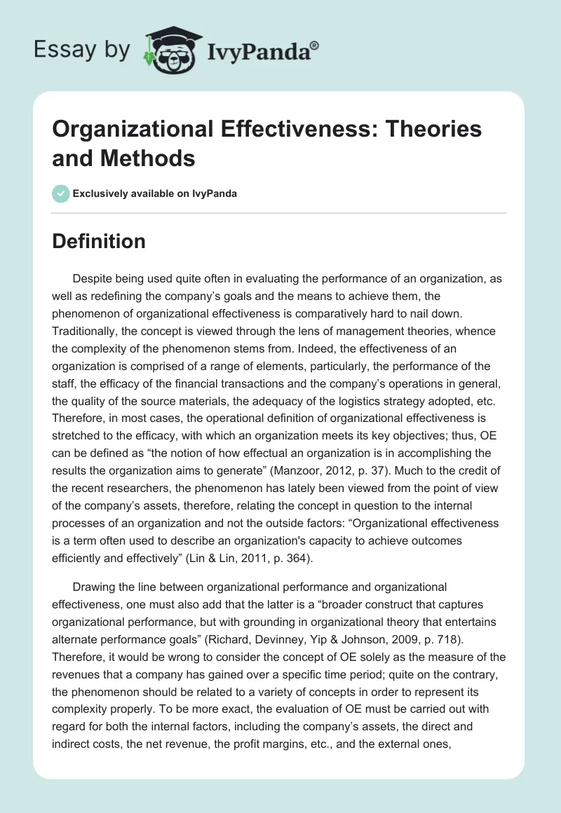 Organizational Effectiveness: Theories and Methods. Page 1
