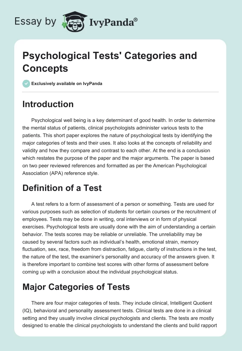 Psychological Tests' Categories and Concepts. Page 1