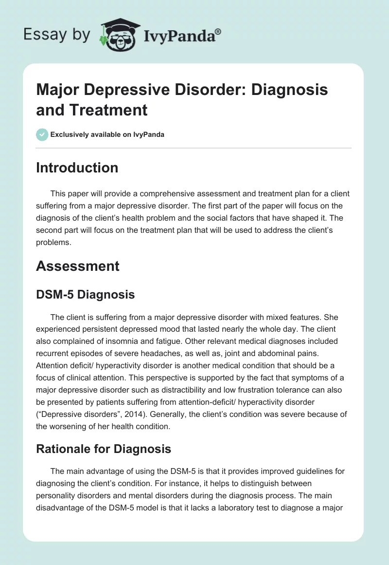 Major Depressive Disorder: Diagnosis and Treatment. Page 1