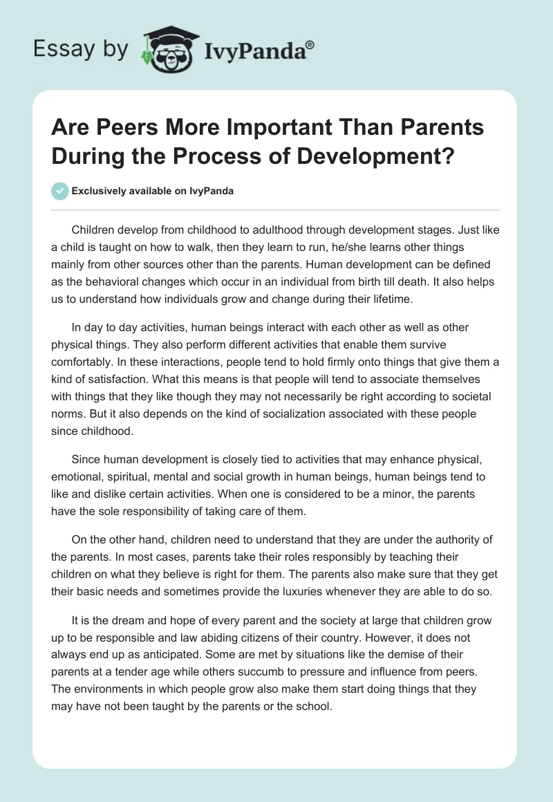 Are Peers More Important Than Parents During the Process of Development?. Page 1