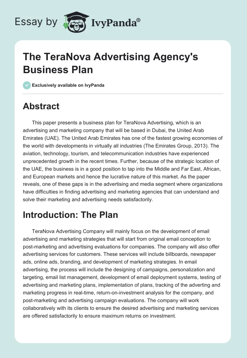 The TeraNova Advertising Agency's Business Plan. Page 1