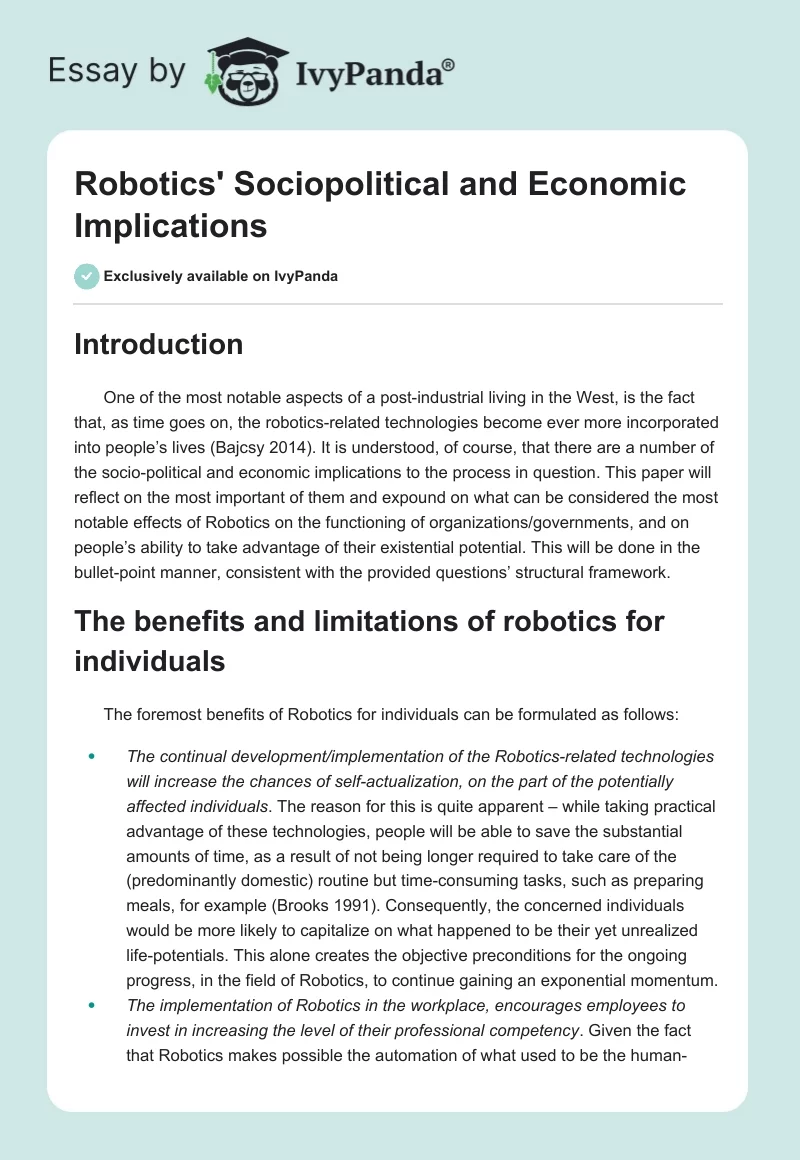 Robotics' Sociopolitical and Economic Implications. Page 1