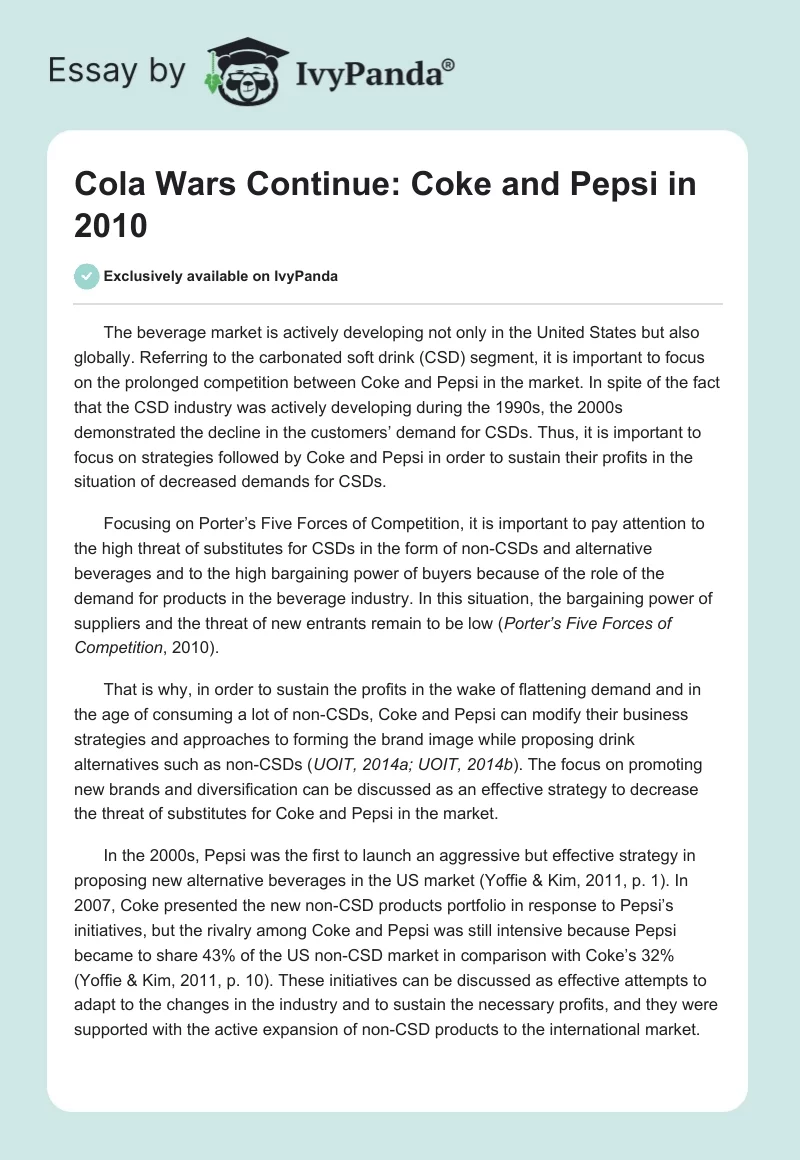 Cola Wars Continue: Coke and Pepsi in 2010. Page 1