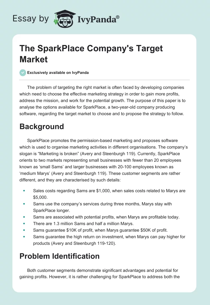 The SparkPlace Company's Target Market. Page 1