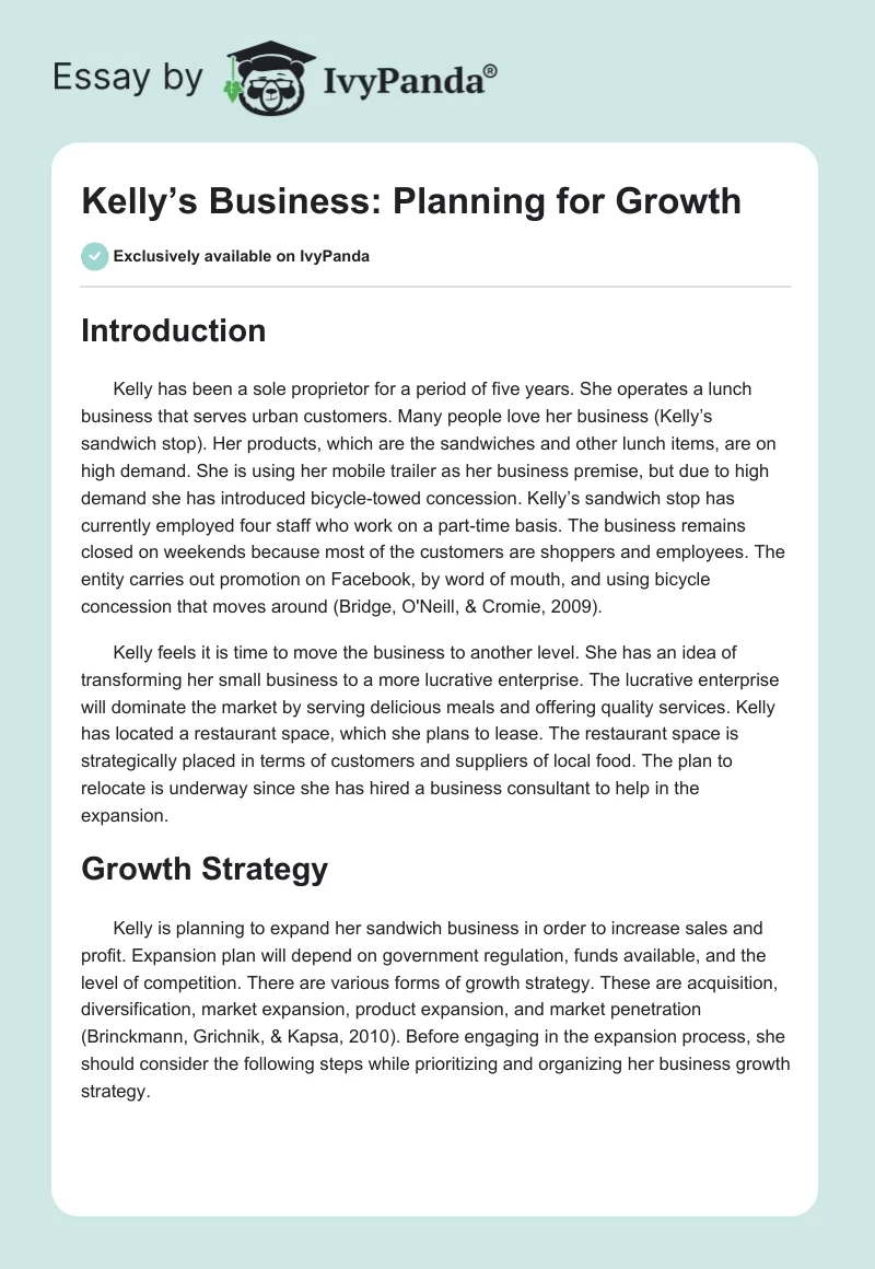 Kelly’s Business: Planning for Growth. Page 1