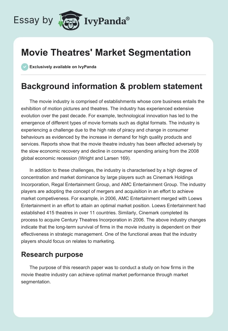 Movie Theatres' Market Segmentation. Page 1