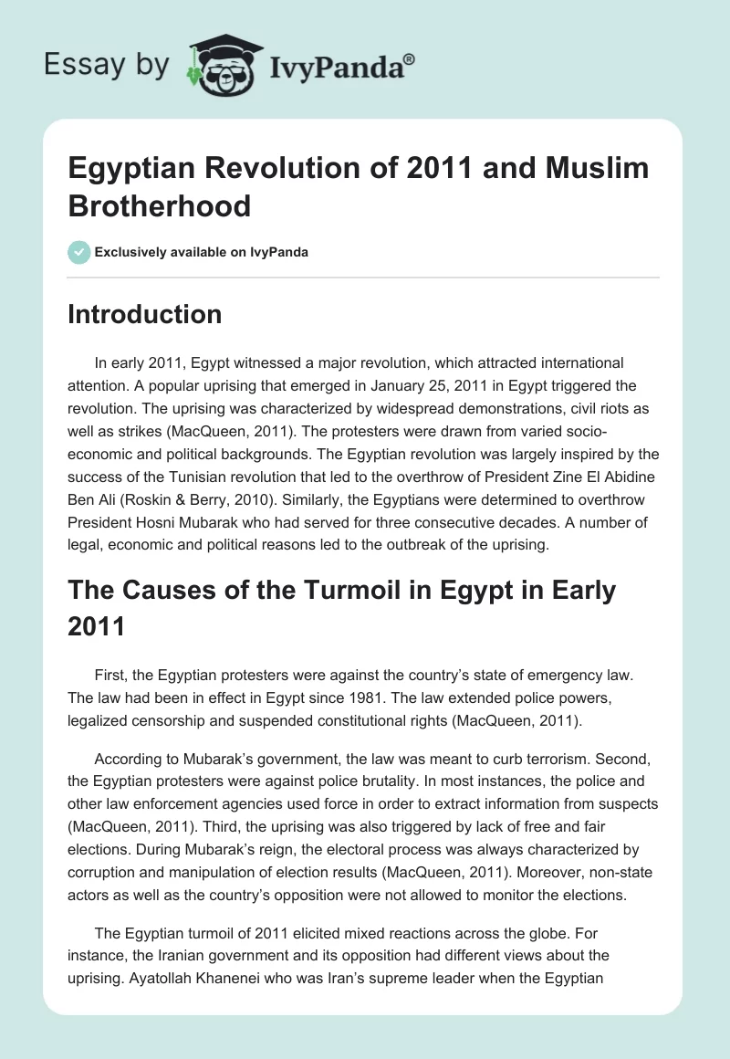 Egyptian Revolution of 2011 and Muslim Brotherhood. Page 1