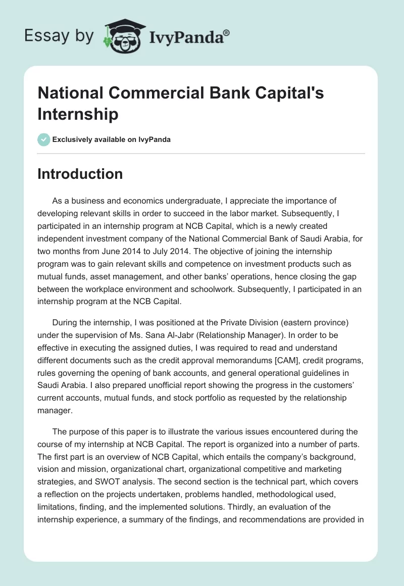 National Commercial Bank Capital's Internship. Page 1