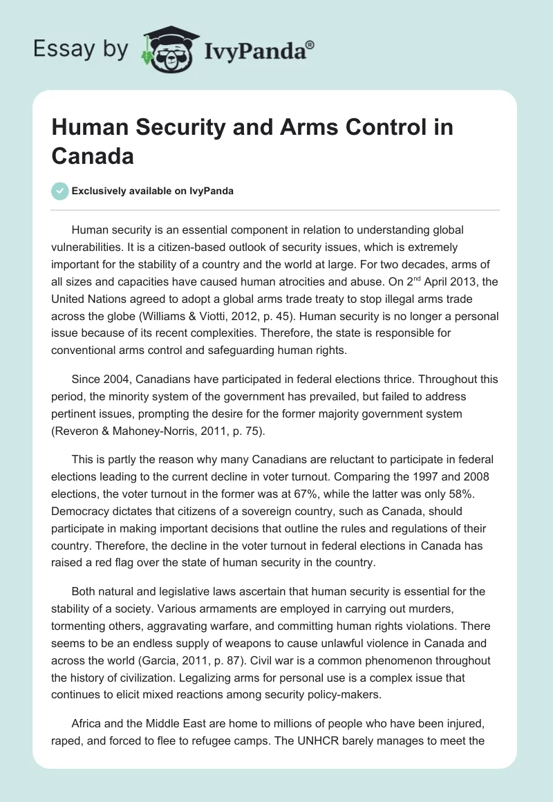 Human Security and Arms Control in Canada. Page 1