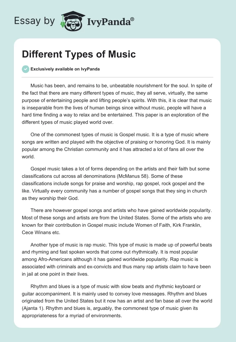 the different kinds of music essay