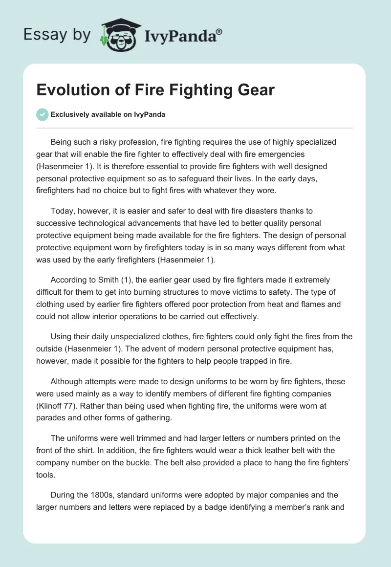 Evolution of Fire Fighting Gear - 3236 Words