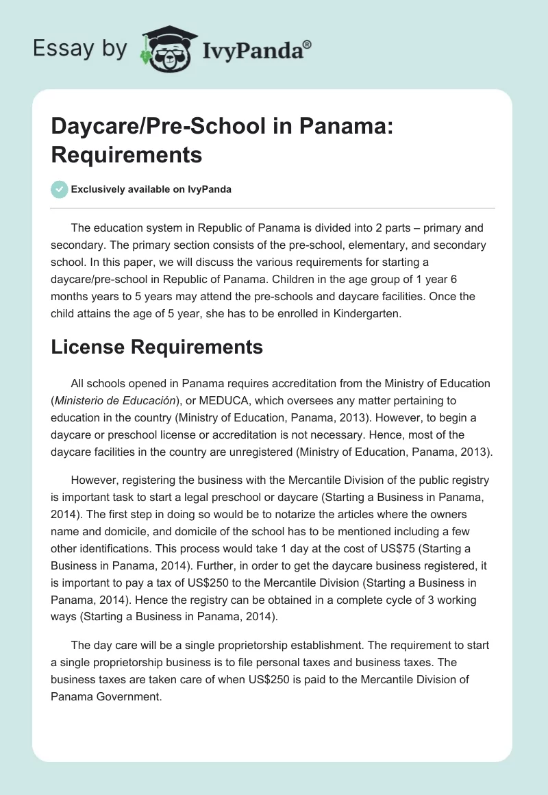 Daycare/Pre-School in Panama: Requirements. Page 1