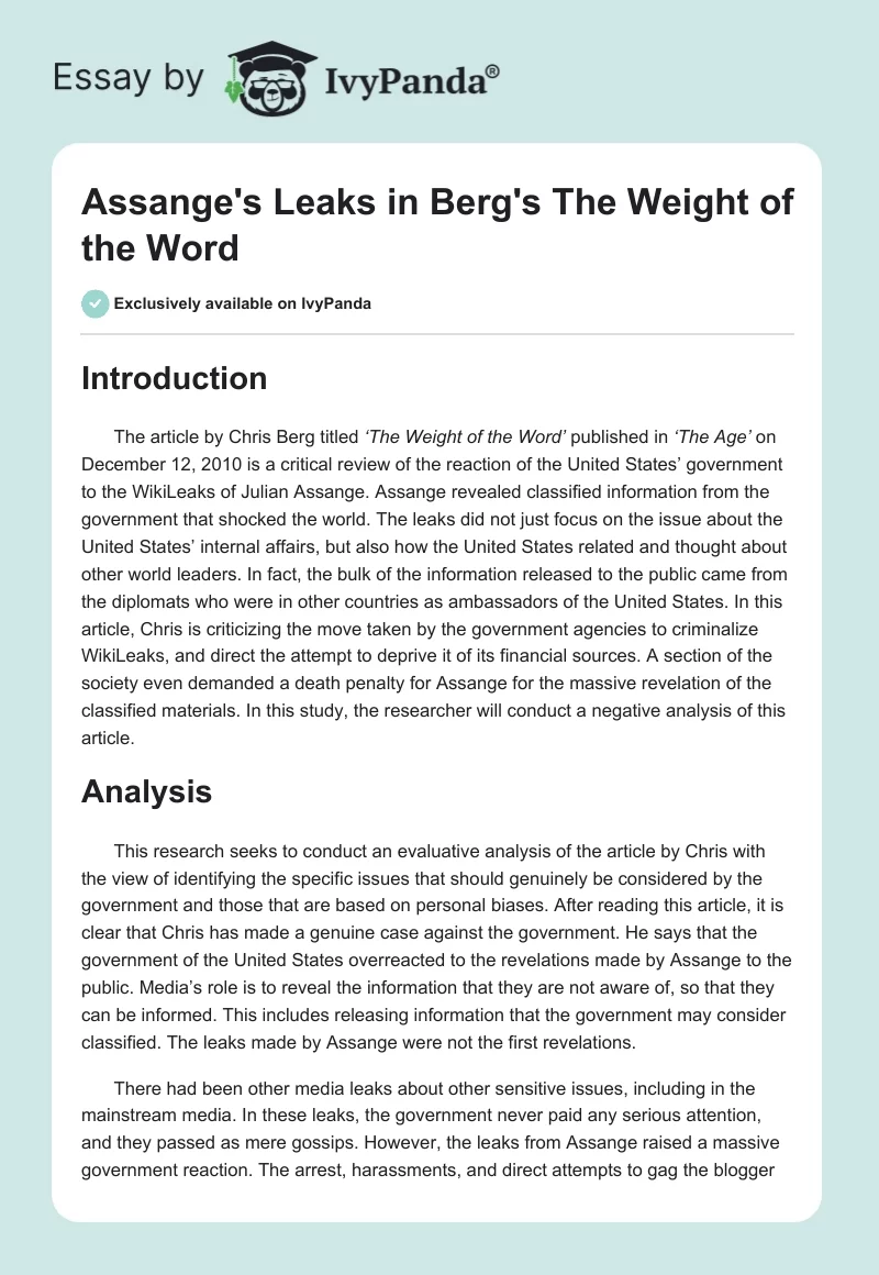 Assange's Leaks in Berg's The Weight of the Word. Page 1