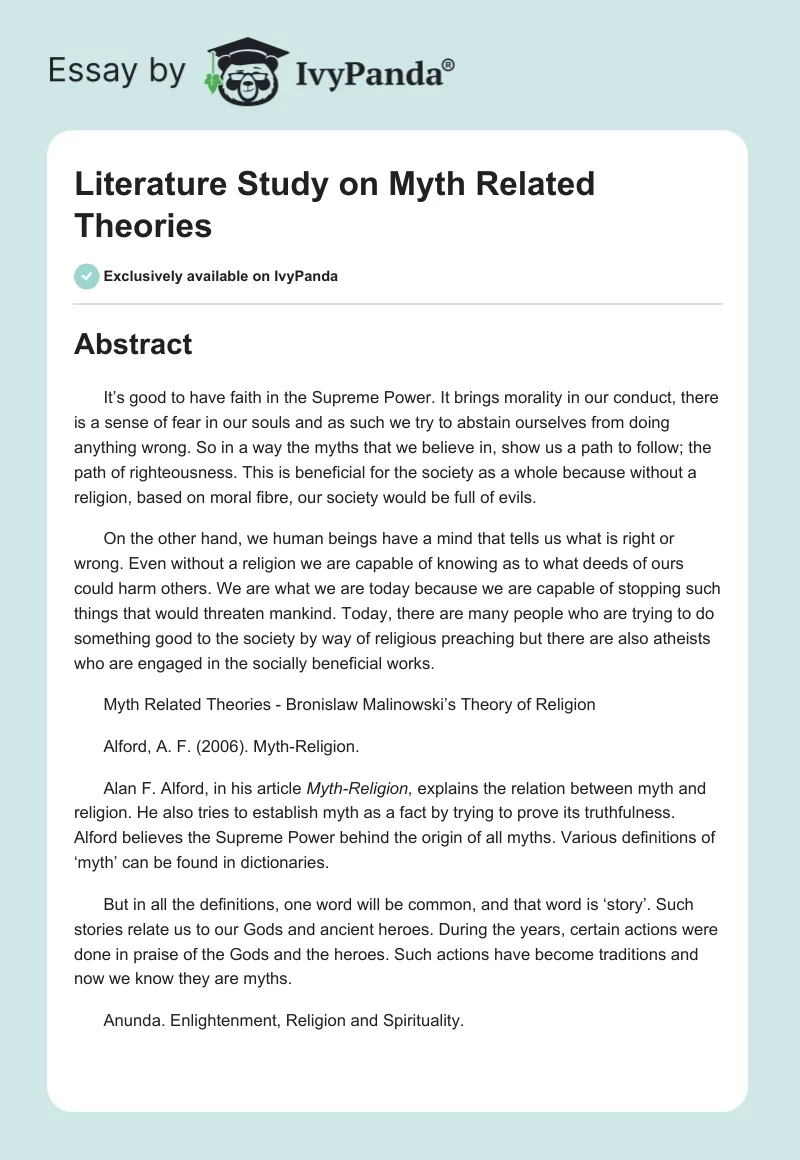 Literature Study on Myth Related Theories. Page 1