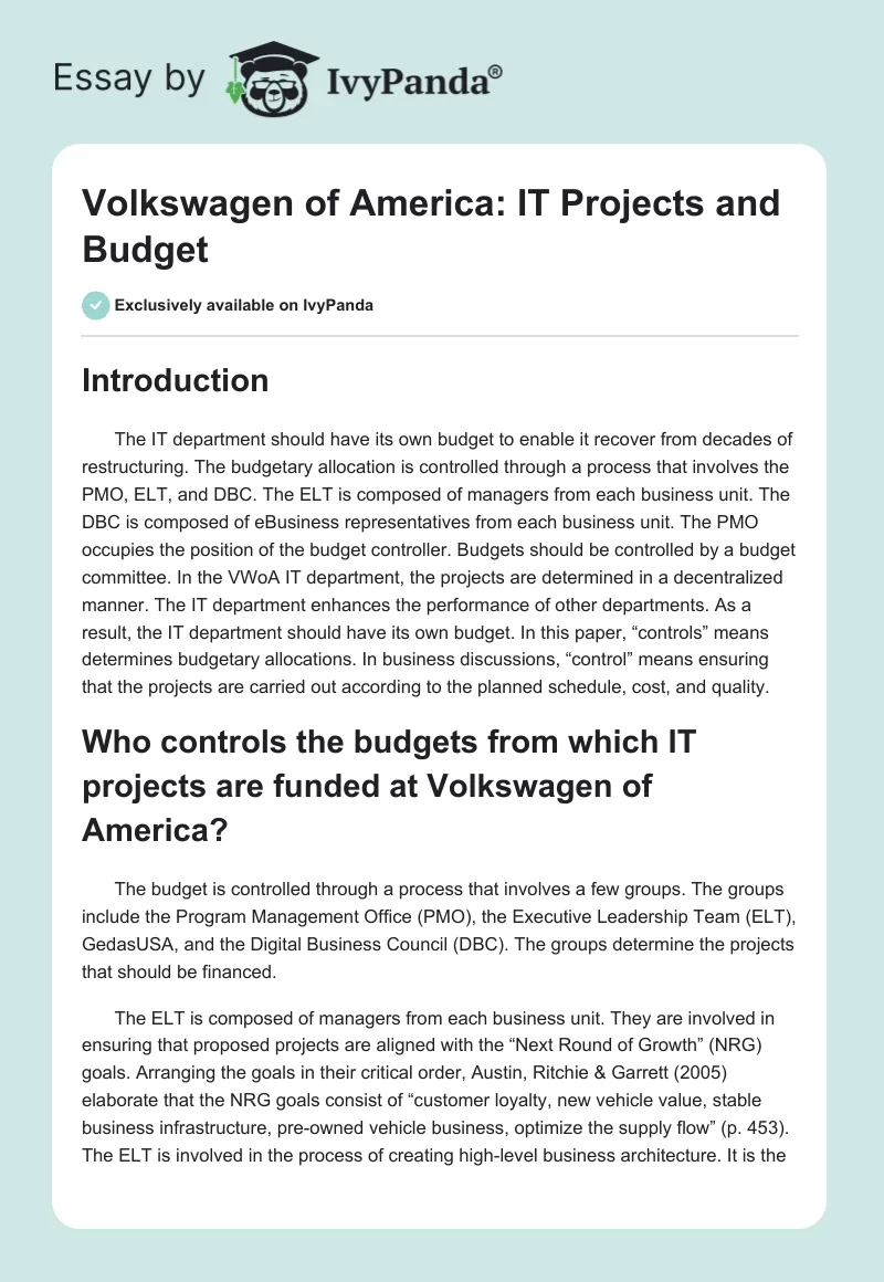 Volkswagen of America: IT Projects and Budget. Page 1