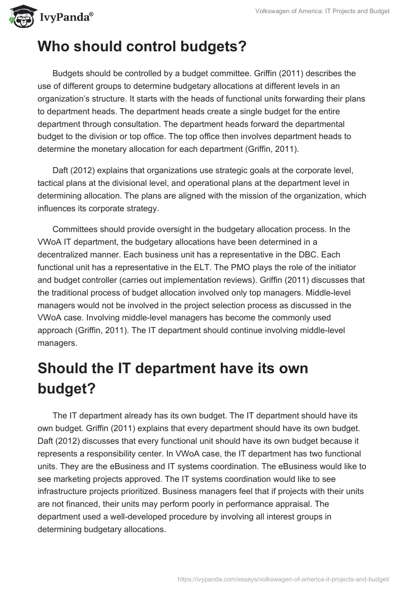 Volkswagen of America: IT Projects and Budget. Page 3