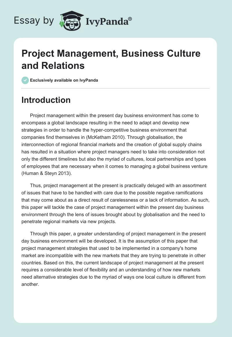 Project Management, Business Culture and Relations. Page 1
