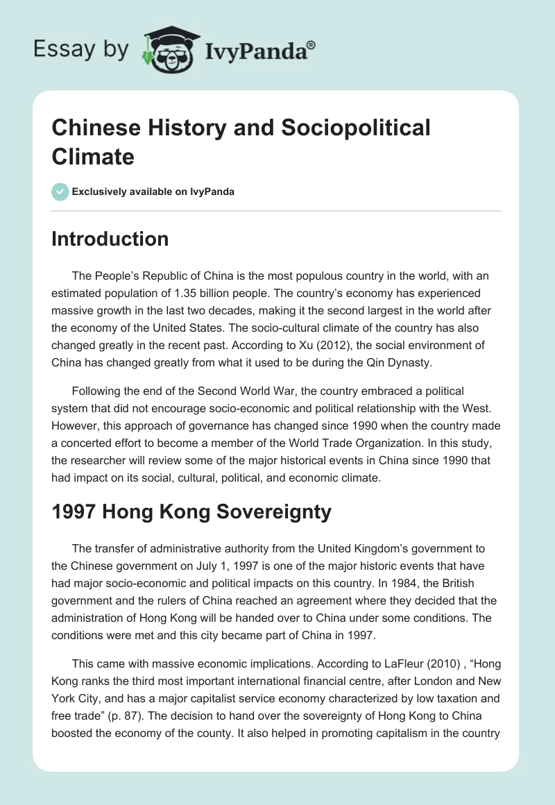 Chinese History and Sociopolitical Climate. Page 1