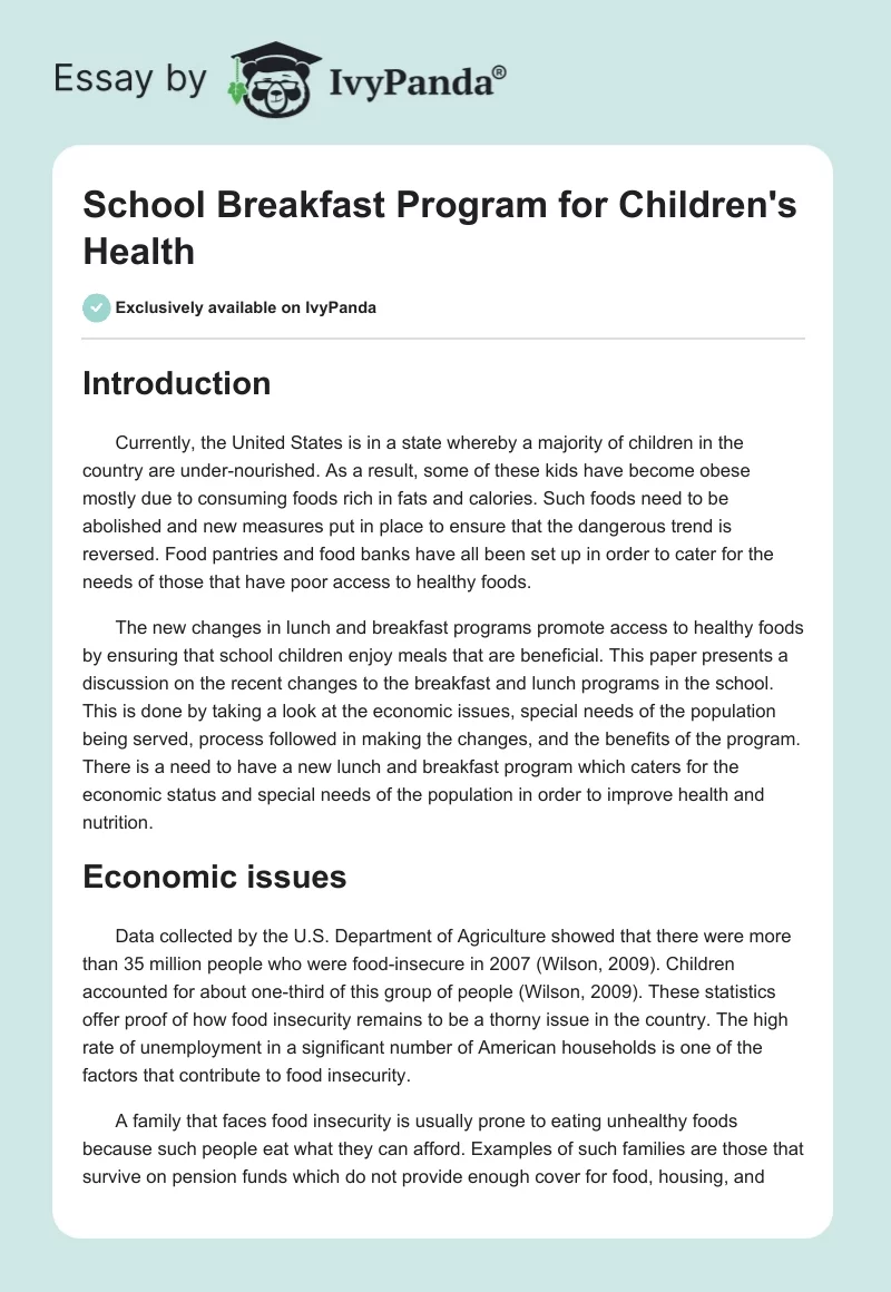 School Breakfast Program for Children's Health. Page 1