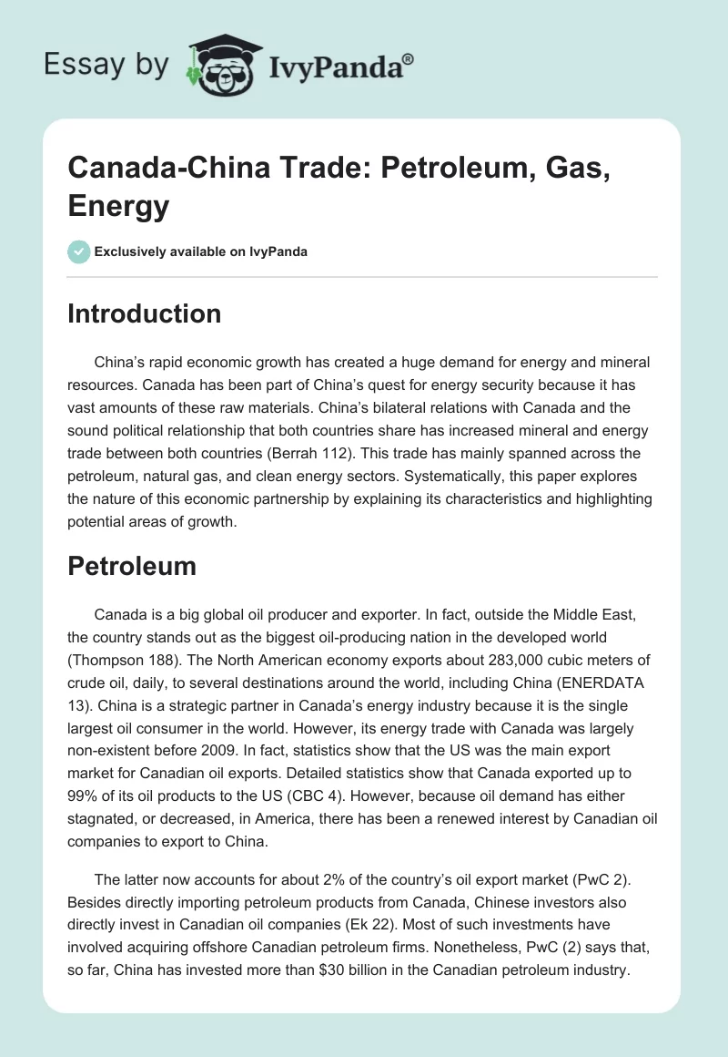 Canada-China Trade: Petroleum, Gas, Energy. Page 1