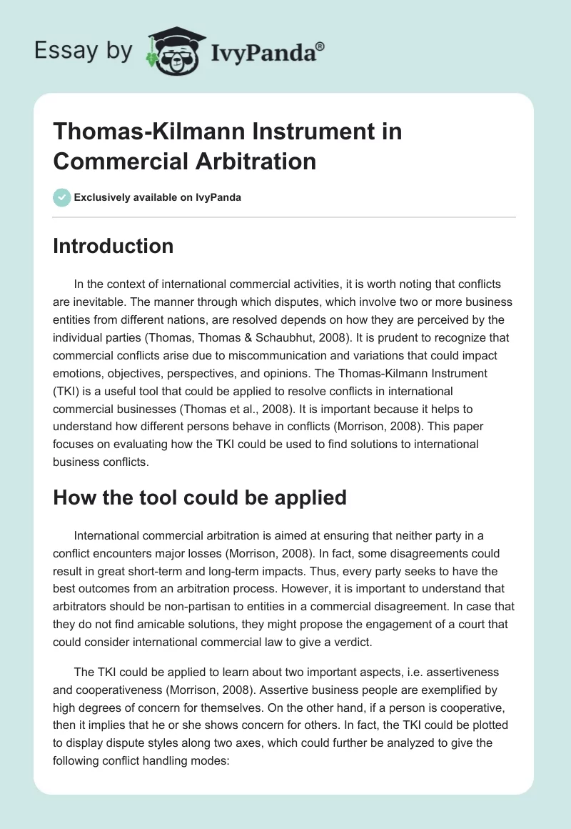 Thomas-Kilmann Instrument in Commercial Arbitration. Page 1
