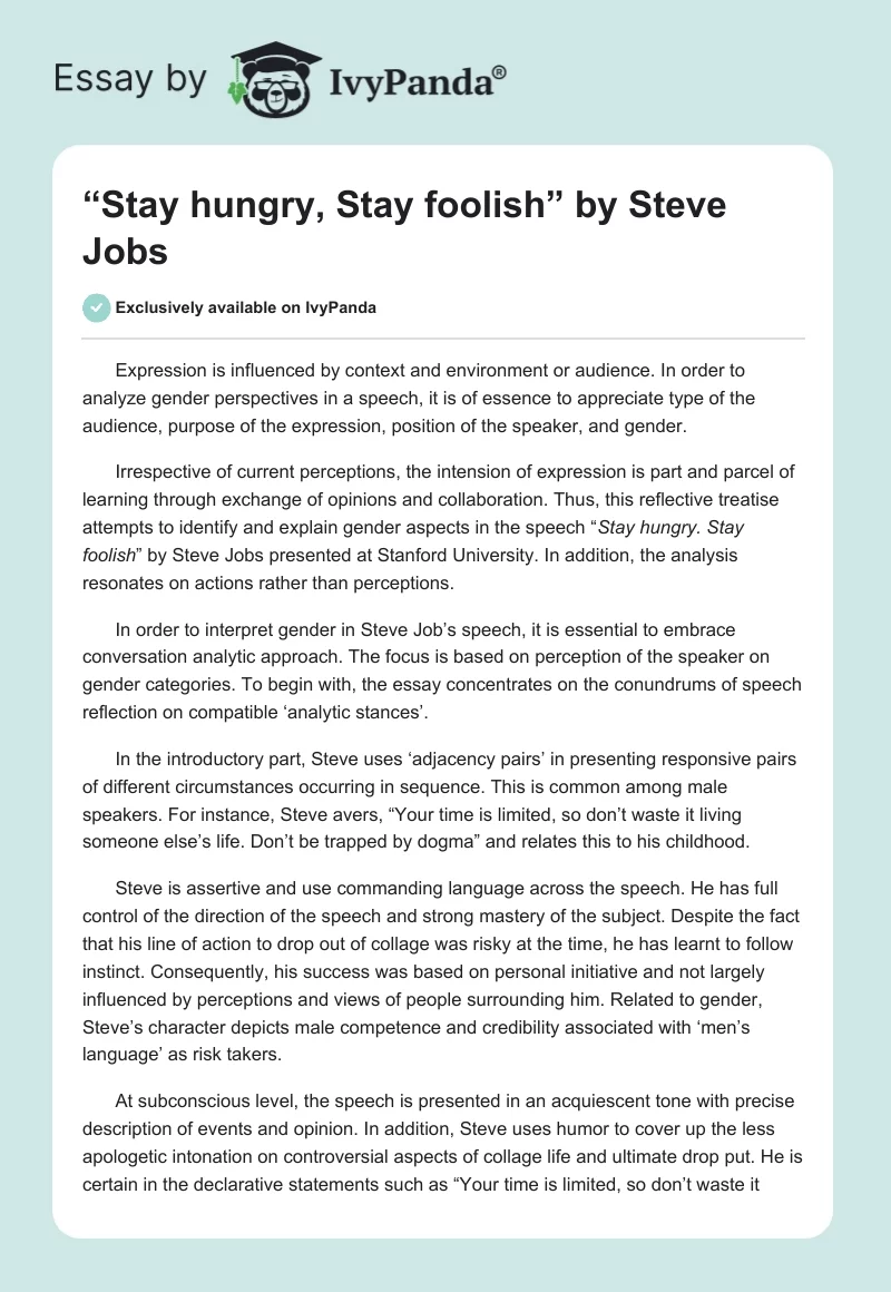 “Stay Hungry, Stay Foolish” by Steve Jobs. Page 1