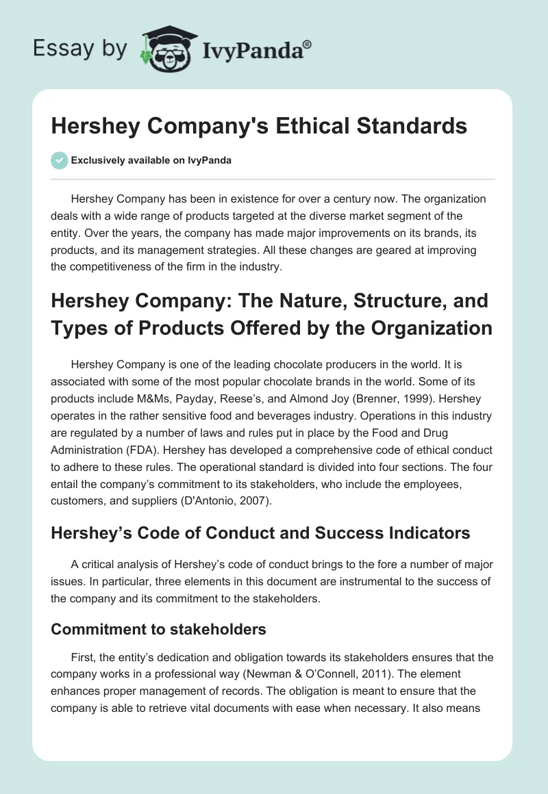 Hershey Company's Ethical Standards. Page 1