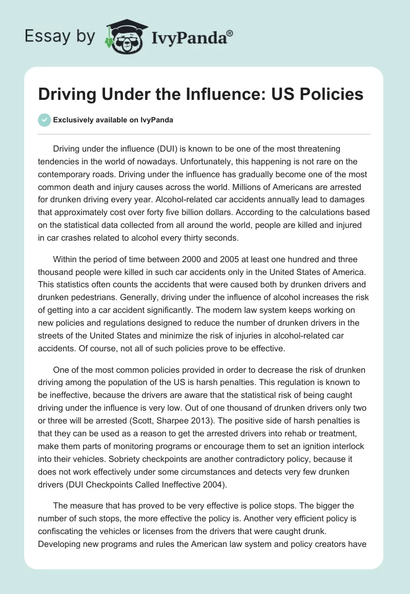 Driving Under the Influence: US Policies. Page 1