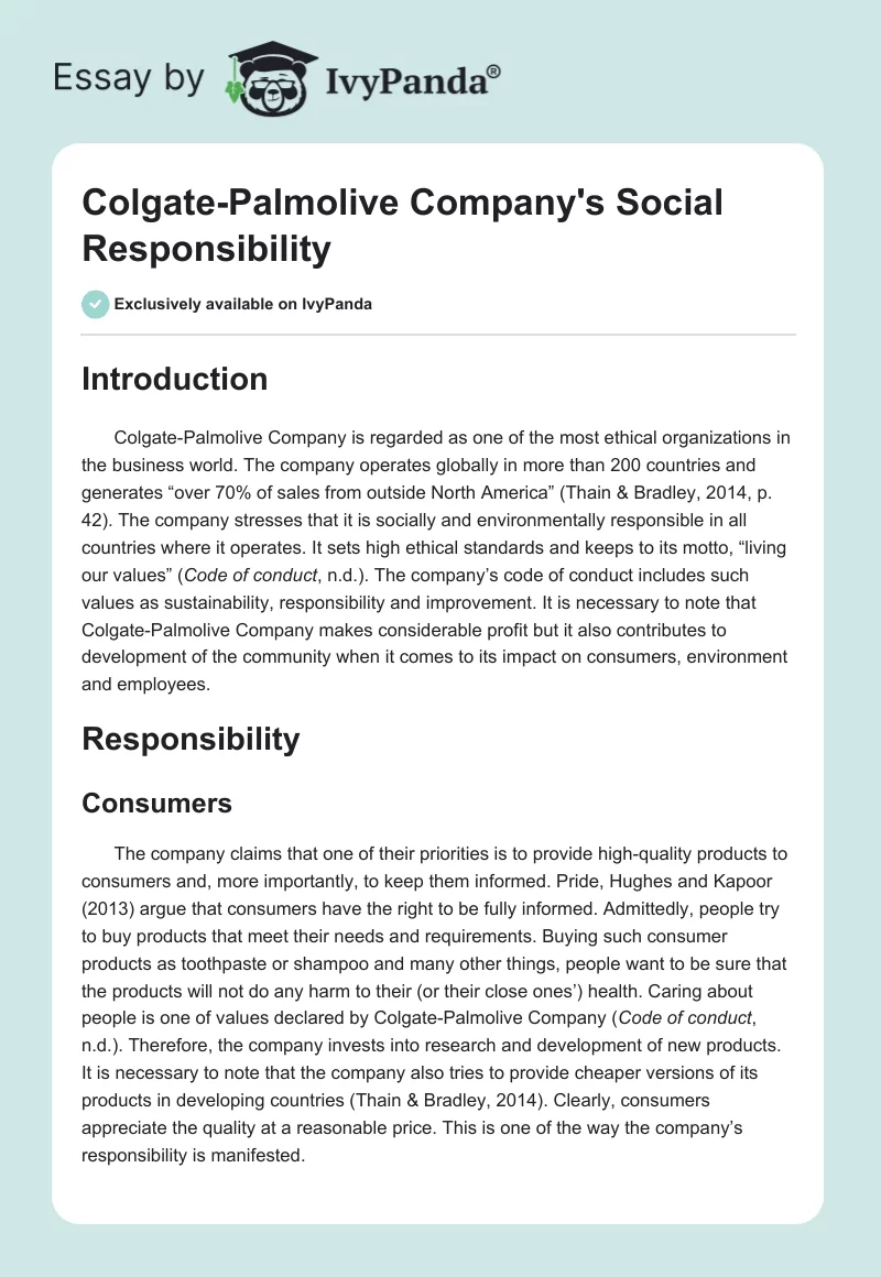 Colgate-Palmolive Company's Social Responsibility. Page 1