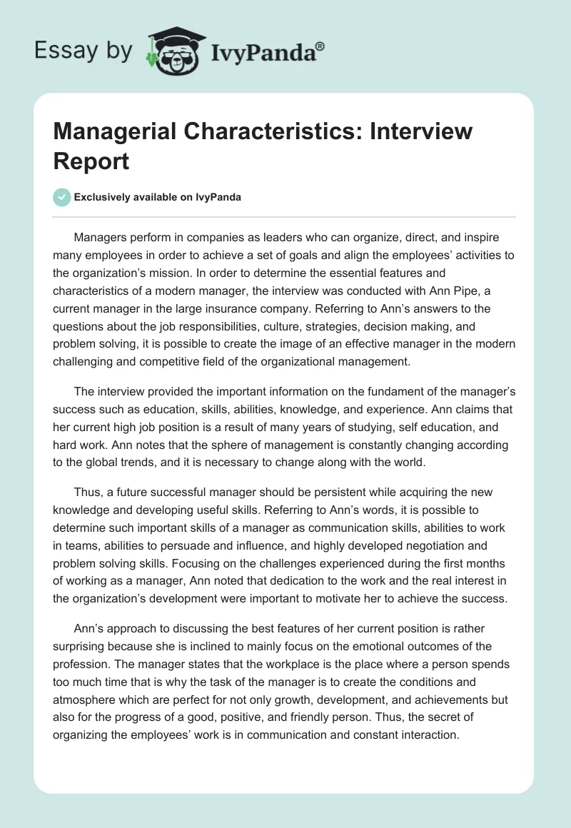 Managerial Characteristics: Interview Report. Page 1