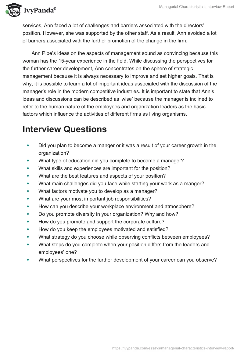 Managerial Characteristics: Interview Report. Page 3