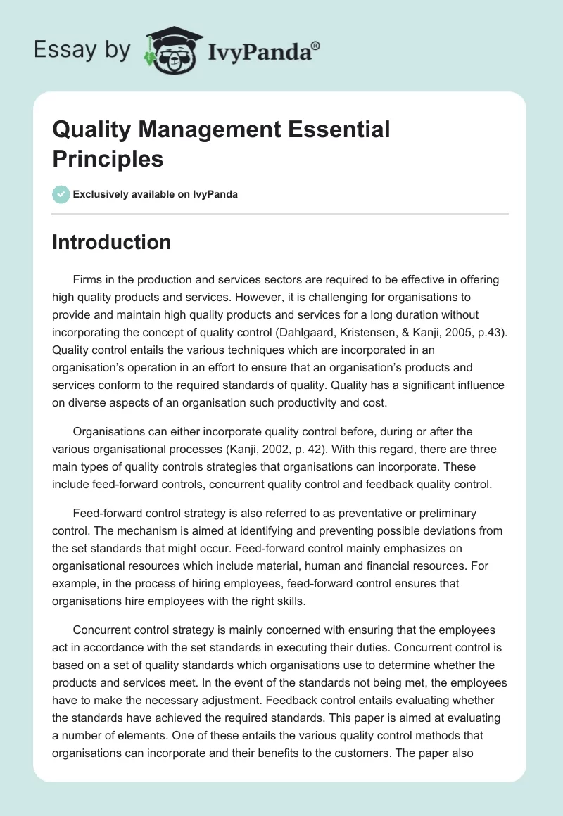 Quality Management Essential Principles. Page 1