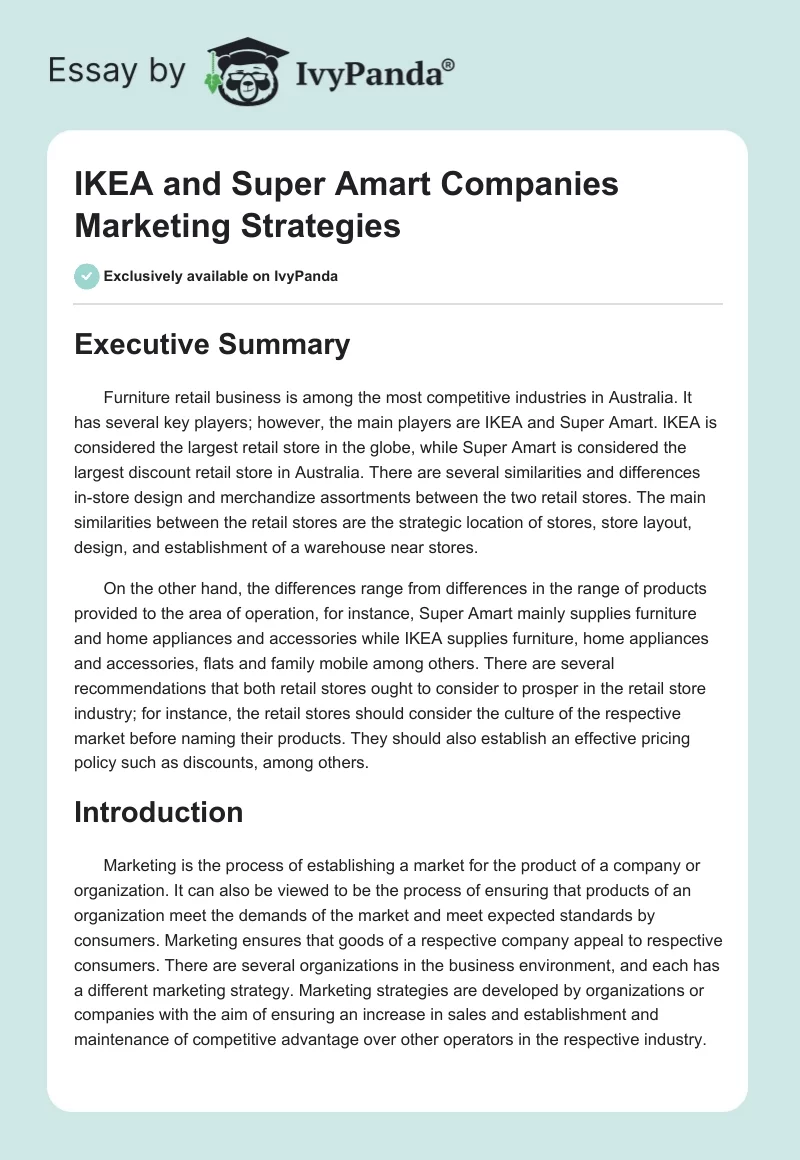 IKEA and Super Amart Companies Marketing Strategies. Page 1
