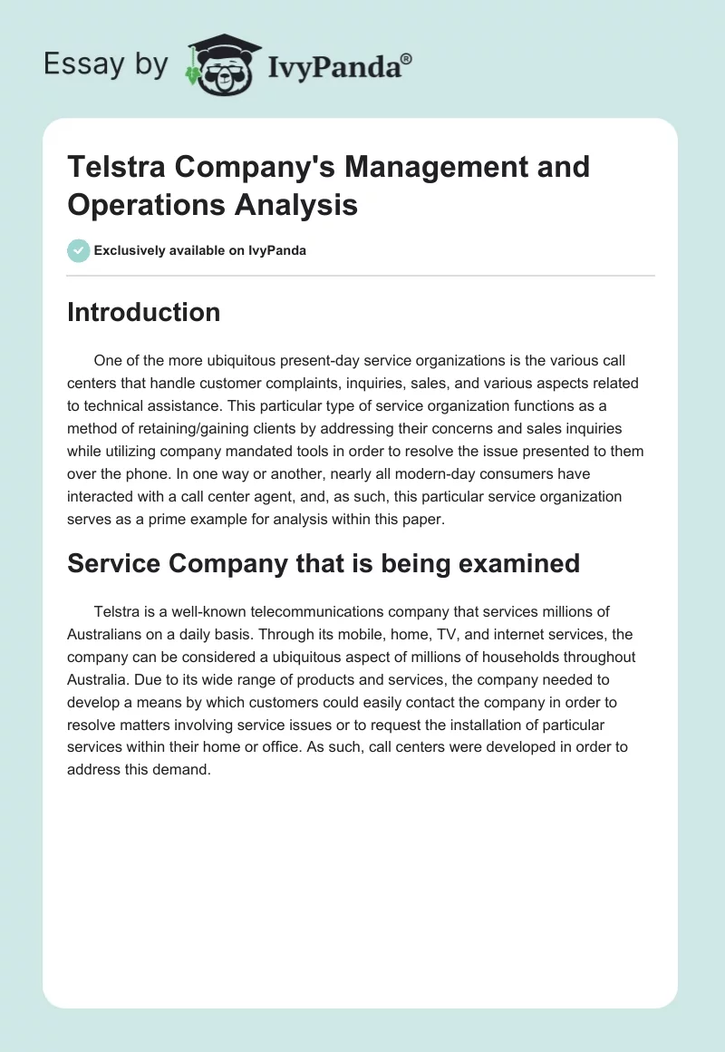 Telstra Company's Management and Operations Analysis. Page 1