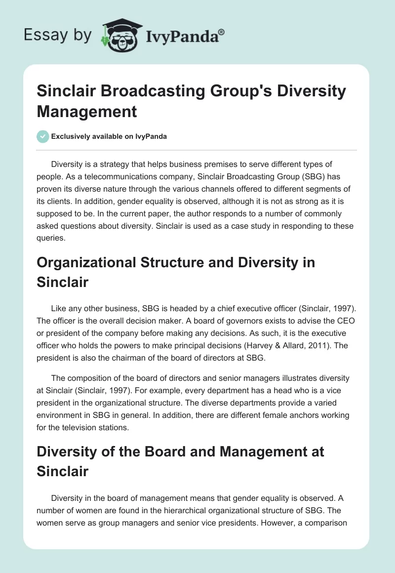 Sinclair Broadcasting Group's Diversity Management. Page 1